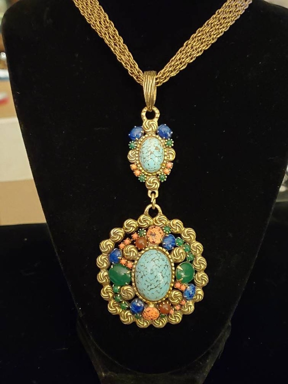 Vintage Czech Glass Brass Multi-Chain Necklace Faux Gemstone Pendant